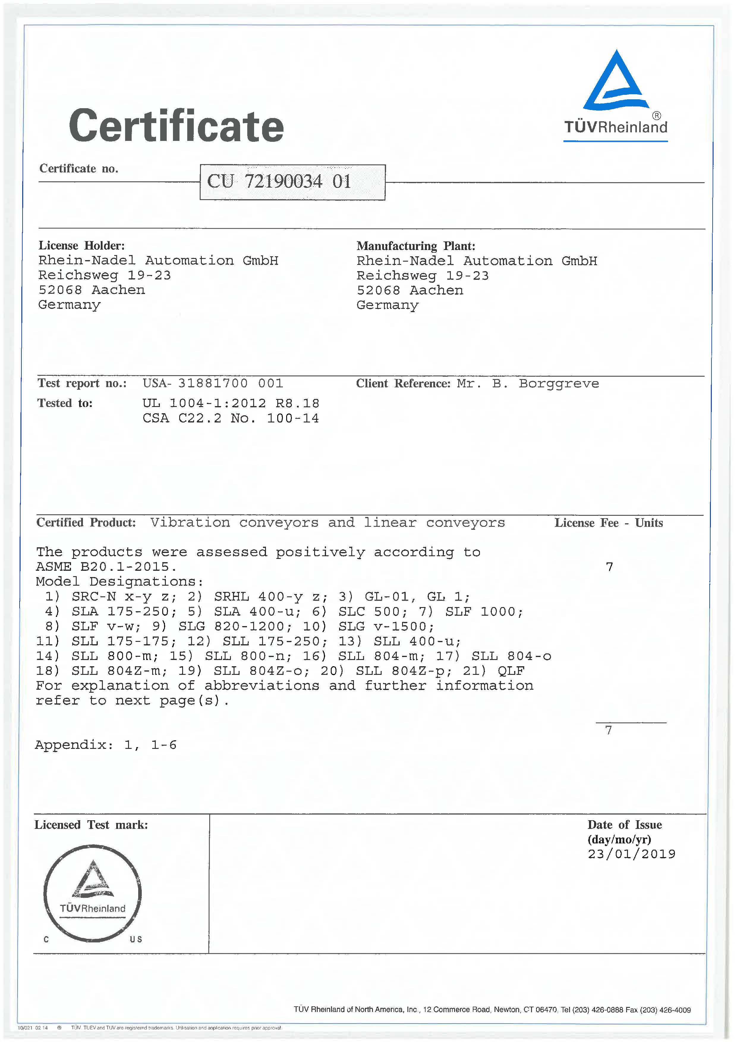 cTUVus-certificate for product authorisation in US and Canadian market